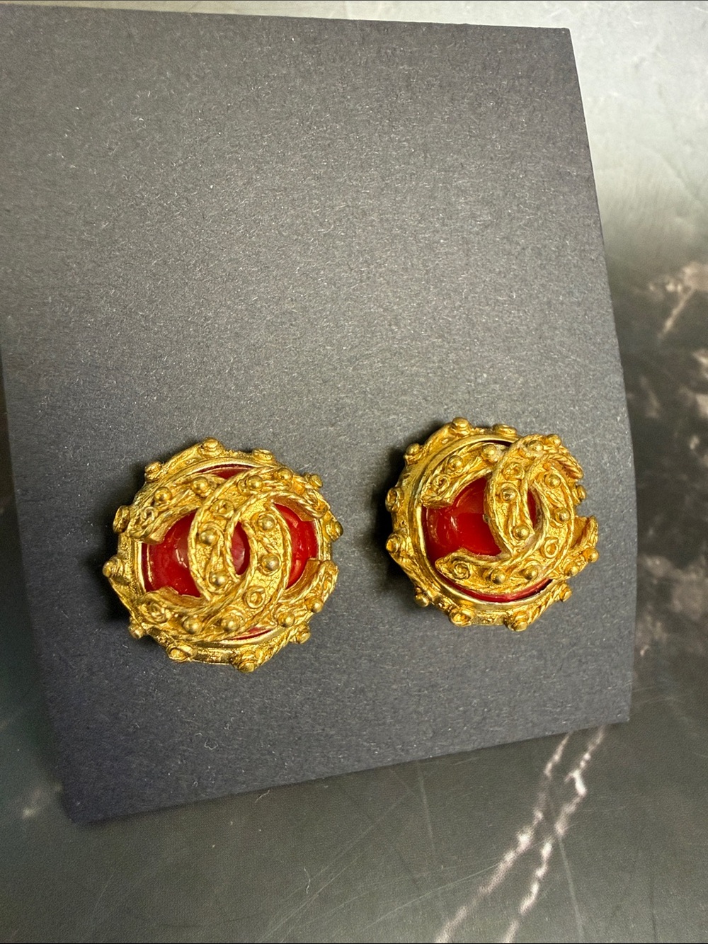 CHANEL Gold-Tone Red CC Clip-on Earrings
